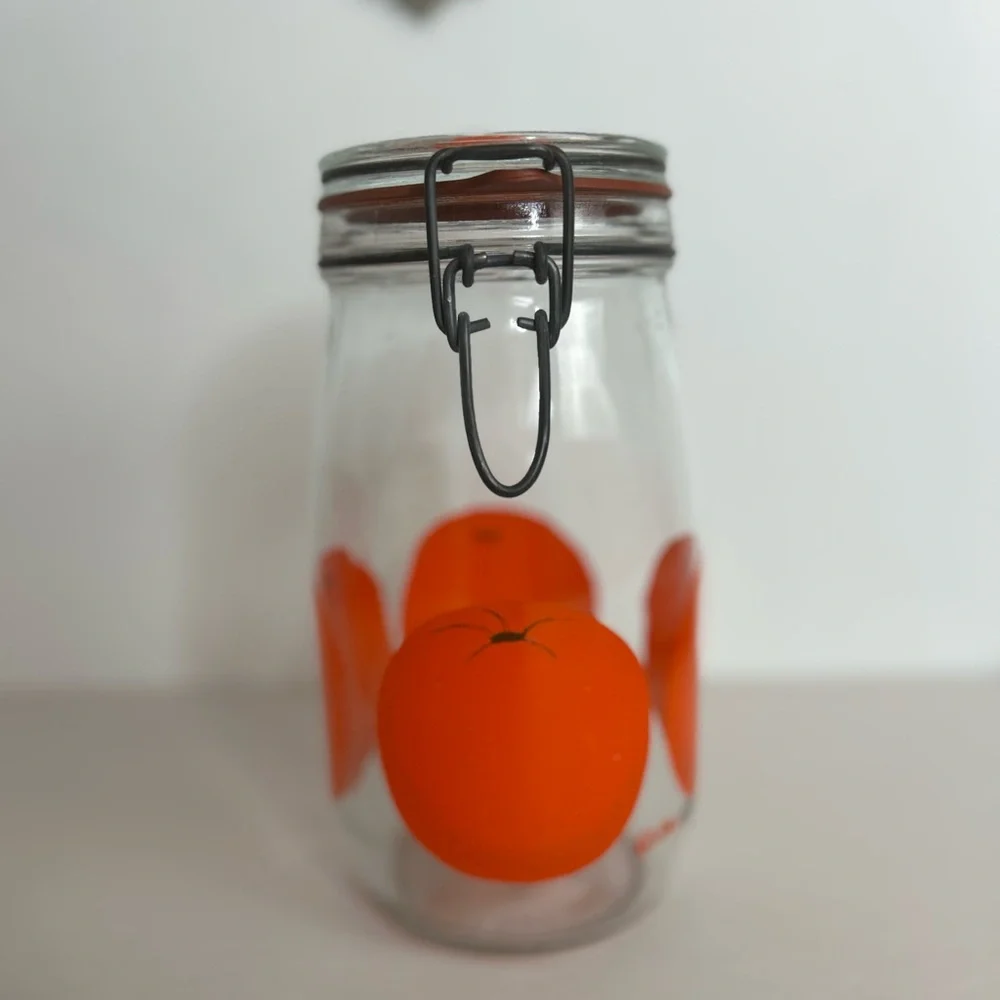 Vintage 60's The Cannery Hinged Glass Jar Container with Orange Design 1.5L